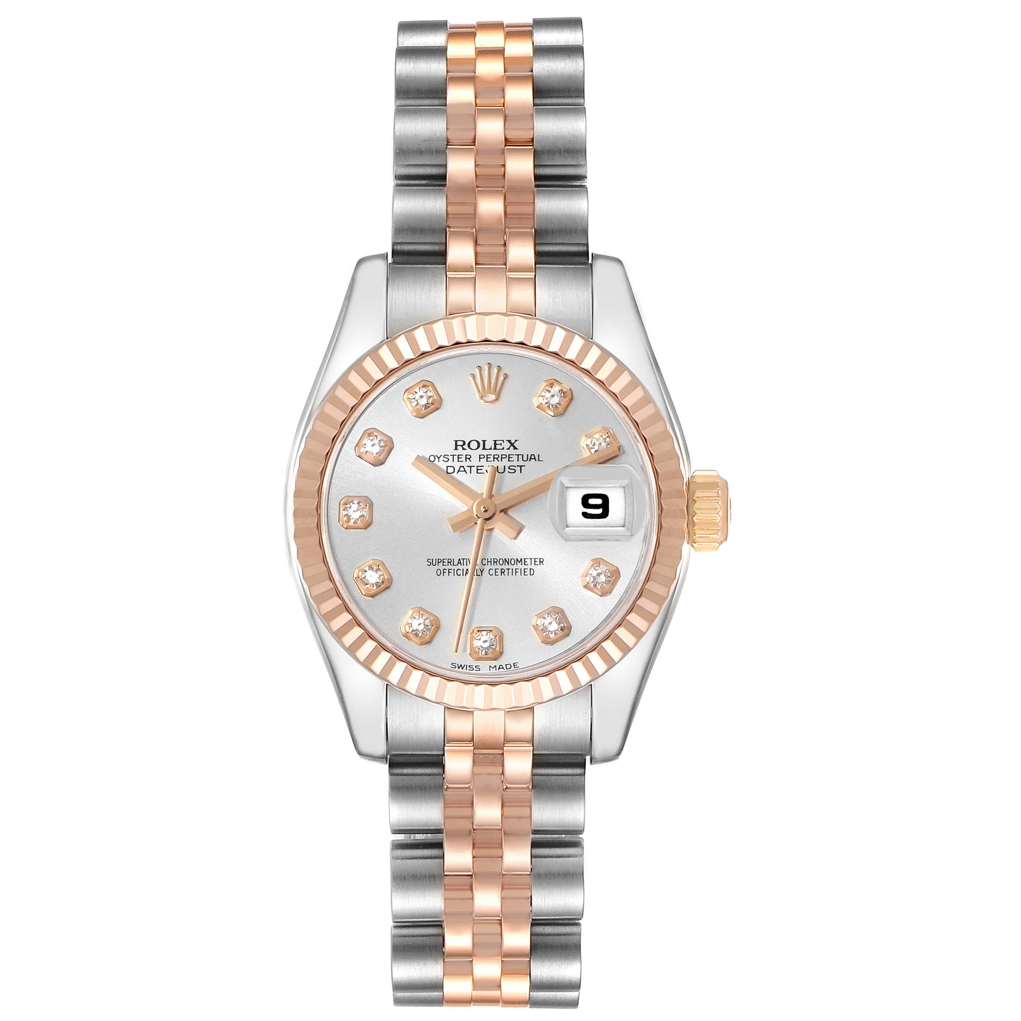 Rolex Datejust Steel Rose Gold Silver Diamond Dial Ladies Watch 179171. Officially certified chronometer automatic self-winding movement. Stainless steel oyster case 26.0 mm in diameter. Rolex logo on an 18K Everose gold crown. 18k rose gold fluted