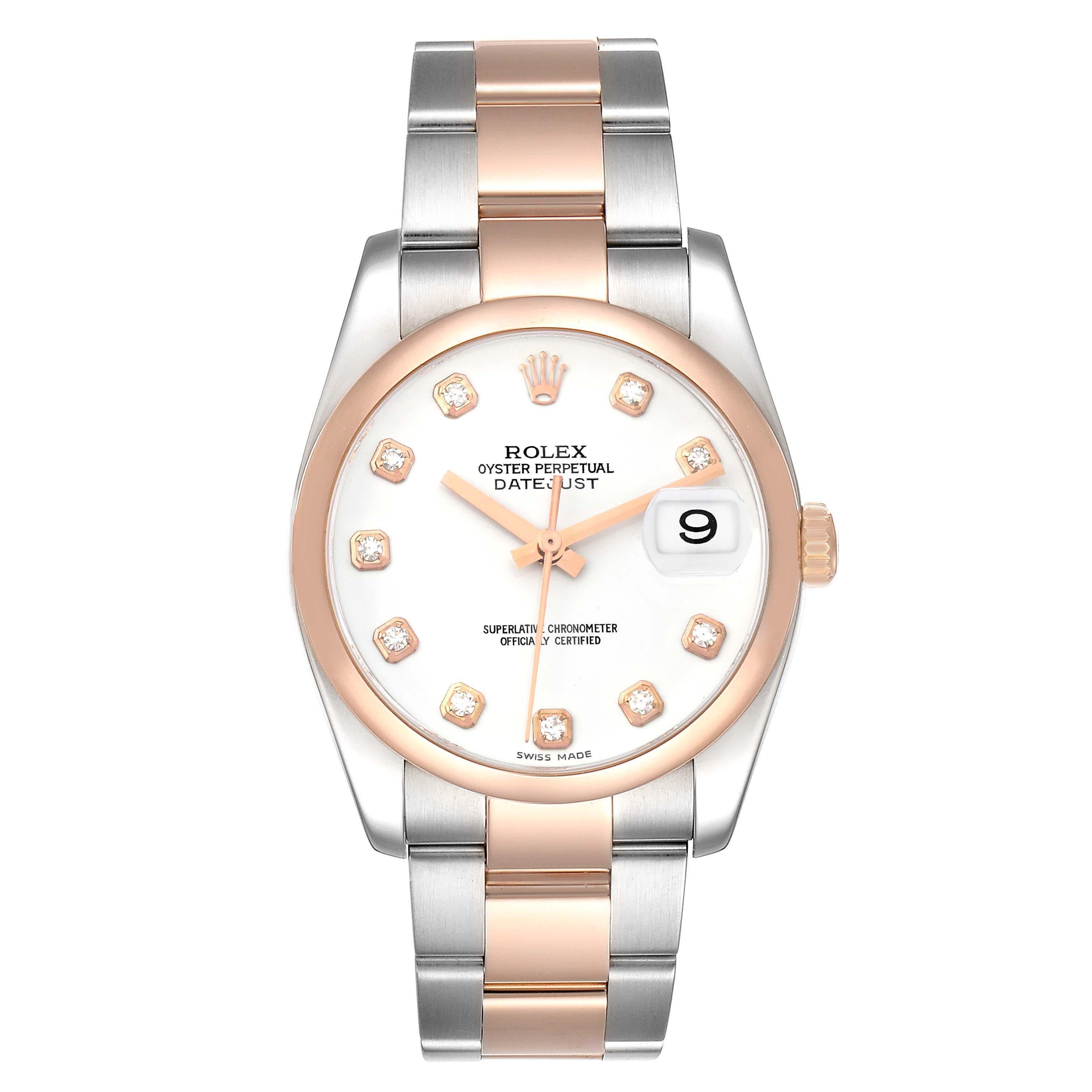 Rolex Datejust Steel Rose Gold White Diamond Dial Mens Watch 116201 Box Papers. Officially certified chronometer automatic self-winding movement with quickset date. Stainless steel case 36 mm in diameter.  Rolex logo on an 18K Everose gold crown.