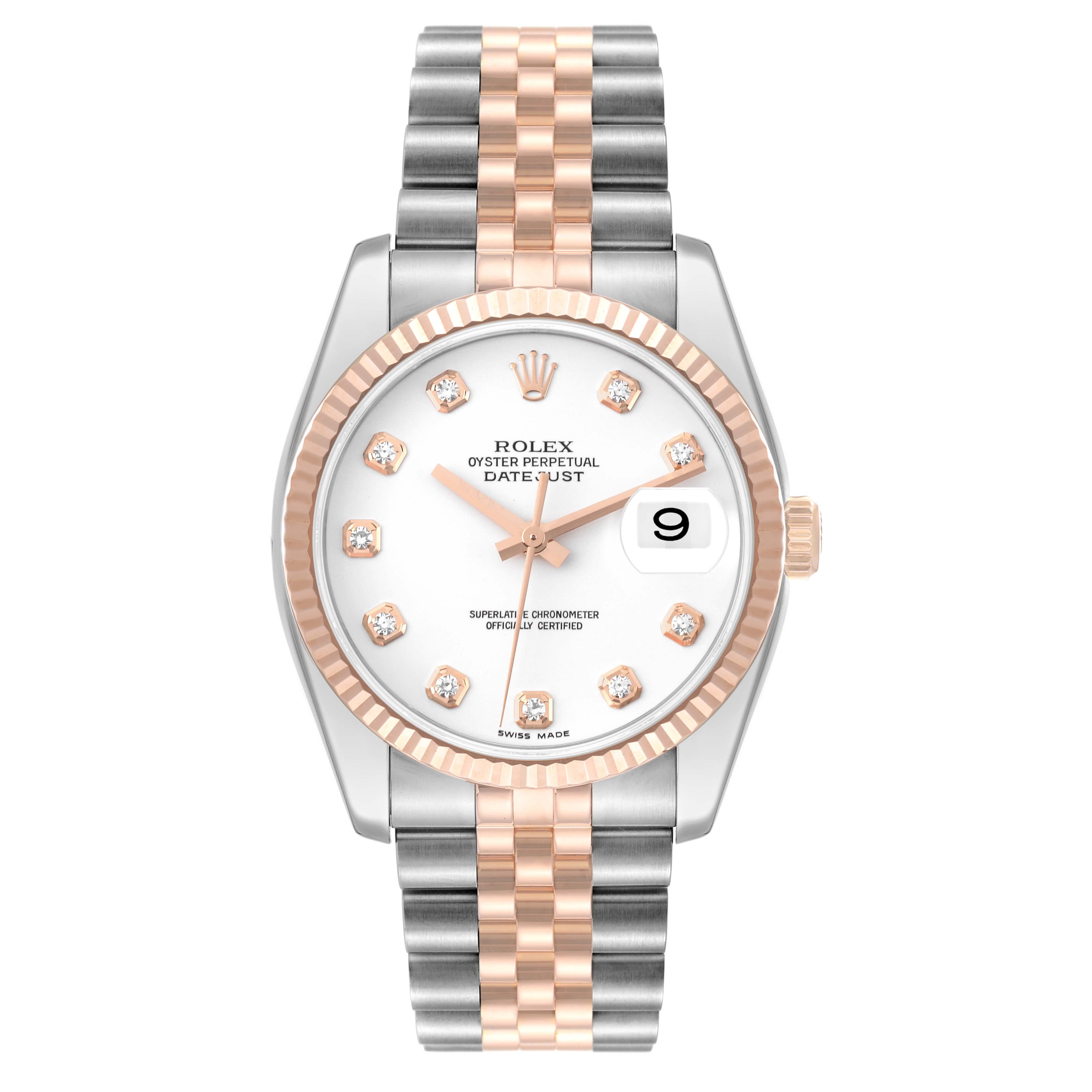 Rolex Datejust Steel Rose Gold White Diamond Dial Mens Watch 116231. Officially certified chronometer automatic self-winding movement. Stainless steel and Everose gold case 36mm in diameter. Rolex logo on an 18K Everose gold crown. 18k rose gold