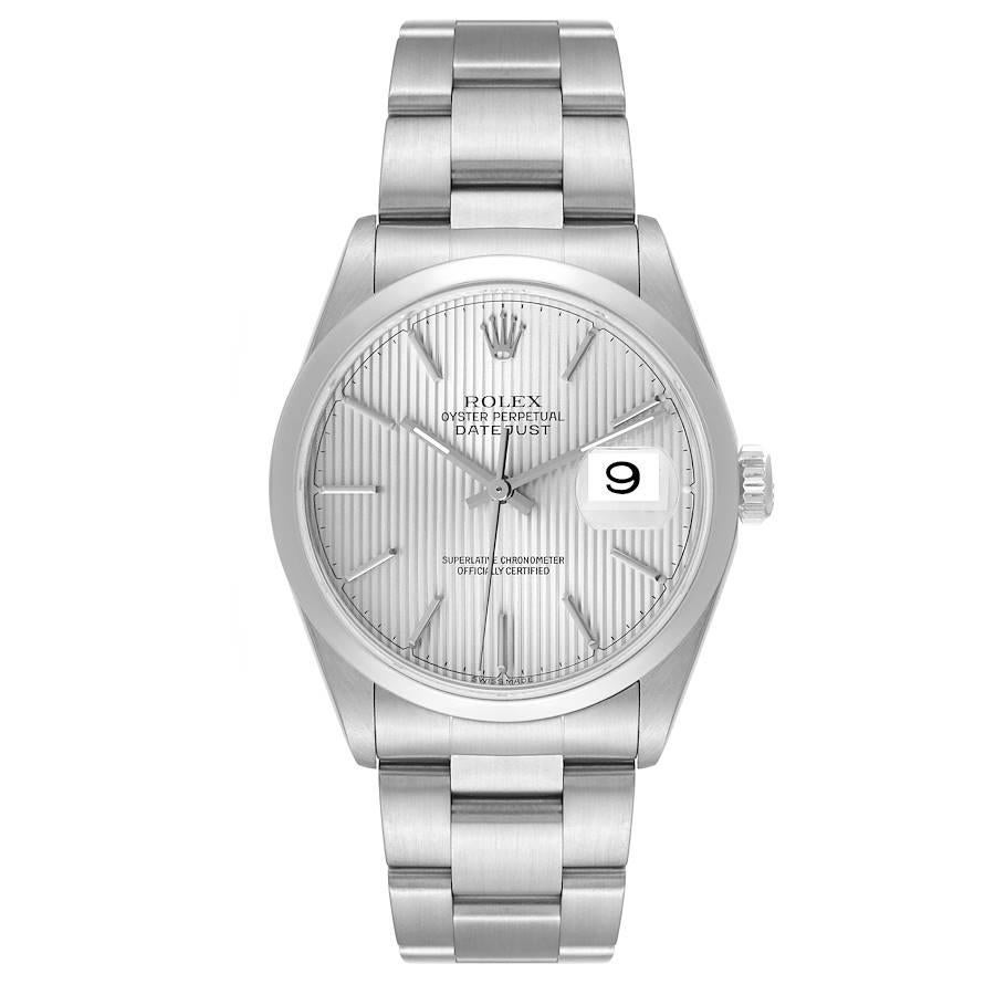 Rolex Datejust Steel Silver Tapestry Dial Mens Watch 16200 Box Papers. Officially certified chronometer automatic self-winding movement with quickset date. Stainless steel case 36.0 mm in diameter. Rolex logo on the crown. Stainless steel smooth