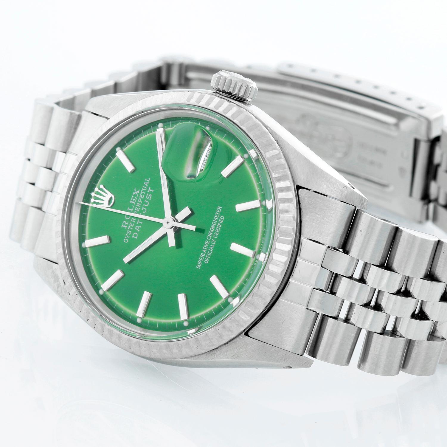 Rolex Datejust Steel Watch 1601 - Automatic winding, acrylic crystal. Stainless steel case with steel bezel (36mm diameter). Green dial with stick hour markers. Stainless steel  Jubilee bracelet. Pre-owned with custom box.
