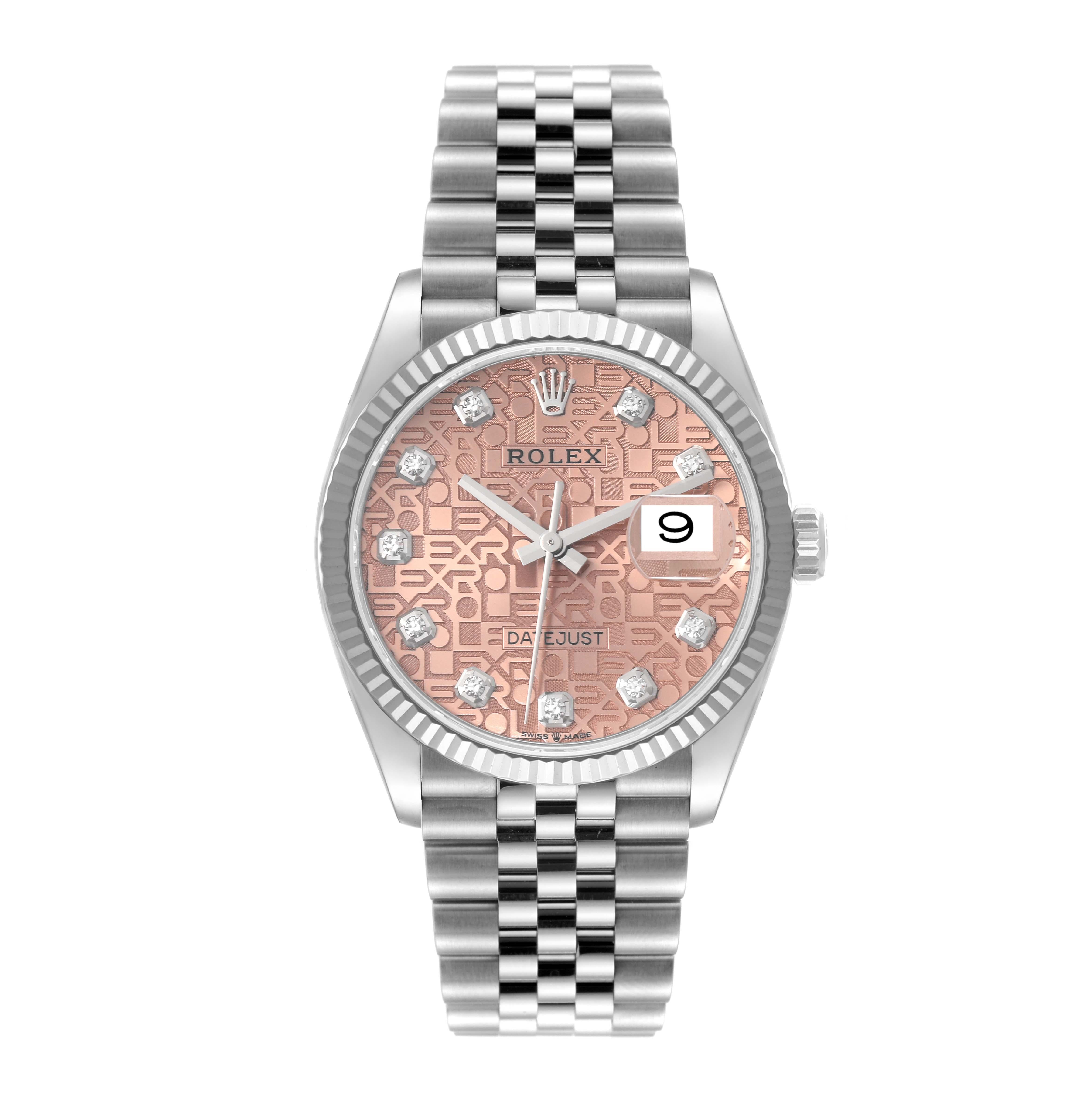 Rolex Datejust Steel White Gold Anniversary Diamond Dial Mens Watch 126234. Officially certified chronometer self-winding movement. Stainless steel case 36.0 mm in diameter.  Rolex logo on a crown. 18K white gold fluted bezel. Scratch resistant