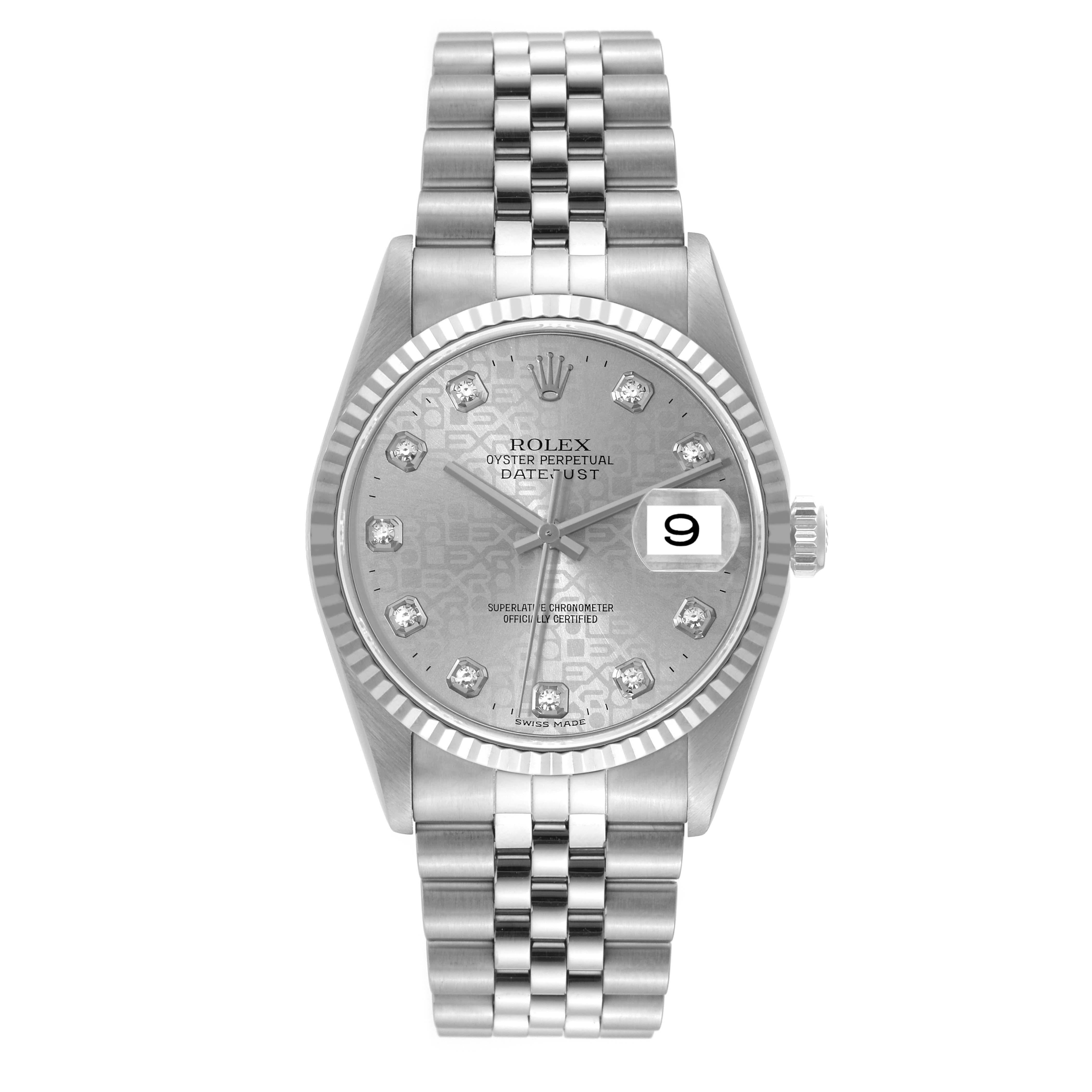 Rolex Datejust Steel White Gold Anniversary Diamond Dial Mens Watch 16234 In Excellent Condition For Sale In Atlanta, GA