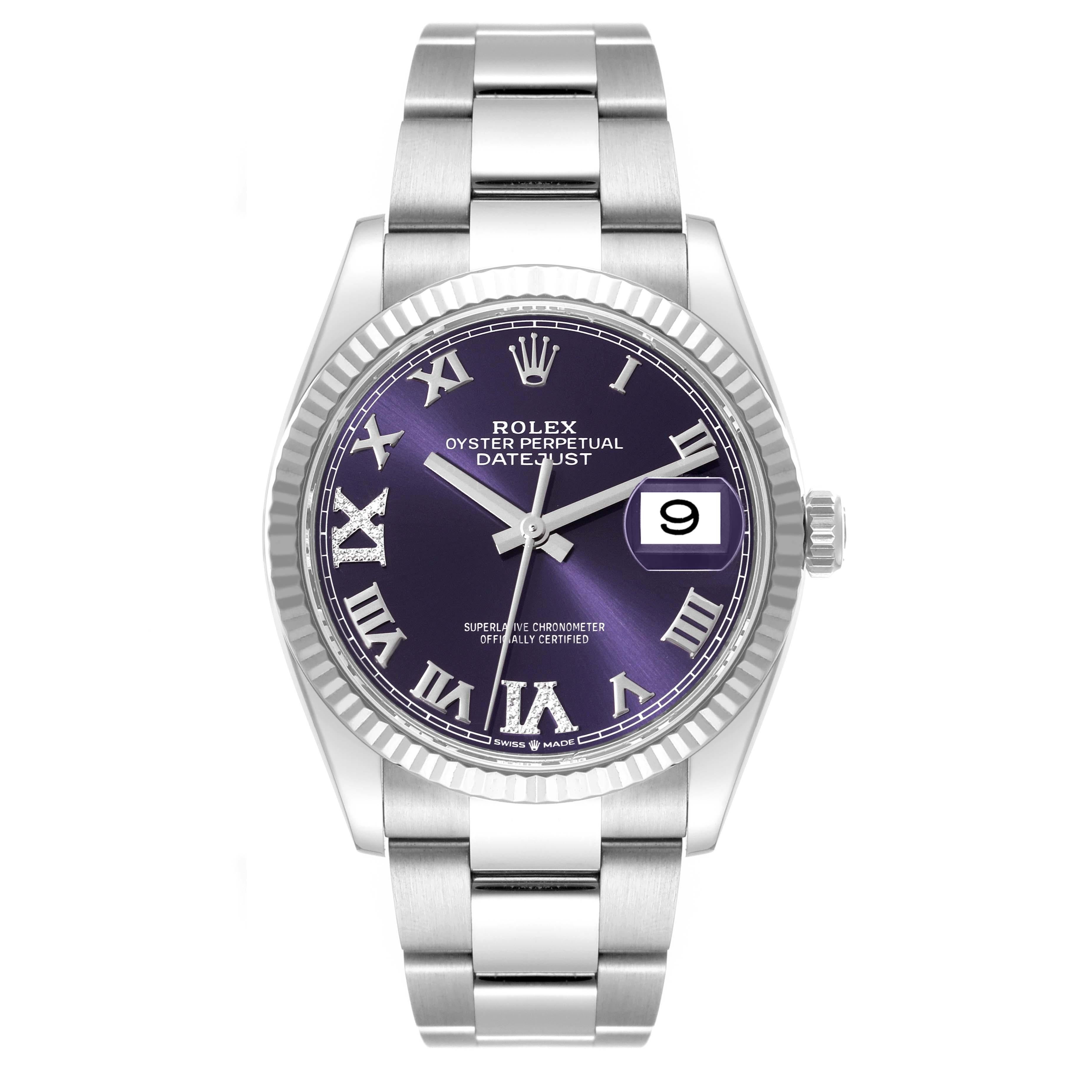 Rolex Datejust Steel White Gold Aubergine Diamond Dial Mens Watch 126234. Officially certified chronometer self-winding movement. Stainless steel case 36.0 mm in diameter.  Rolex logo on a crown. 18K white gold fluted bezel. Scratch resistant