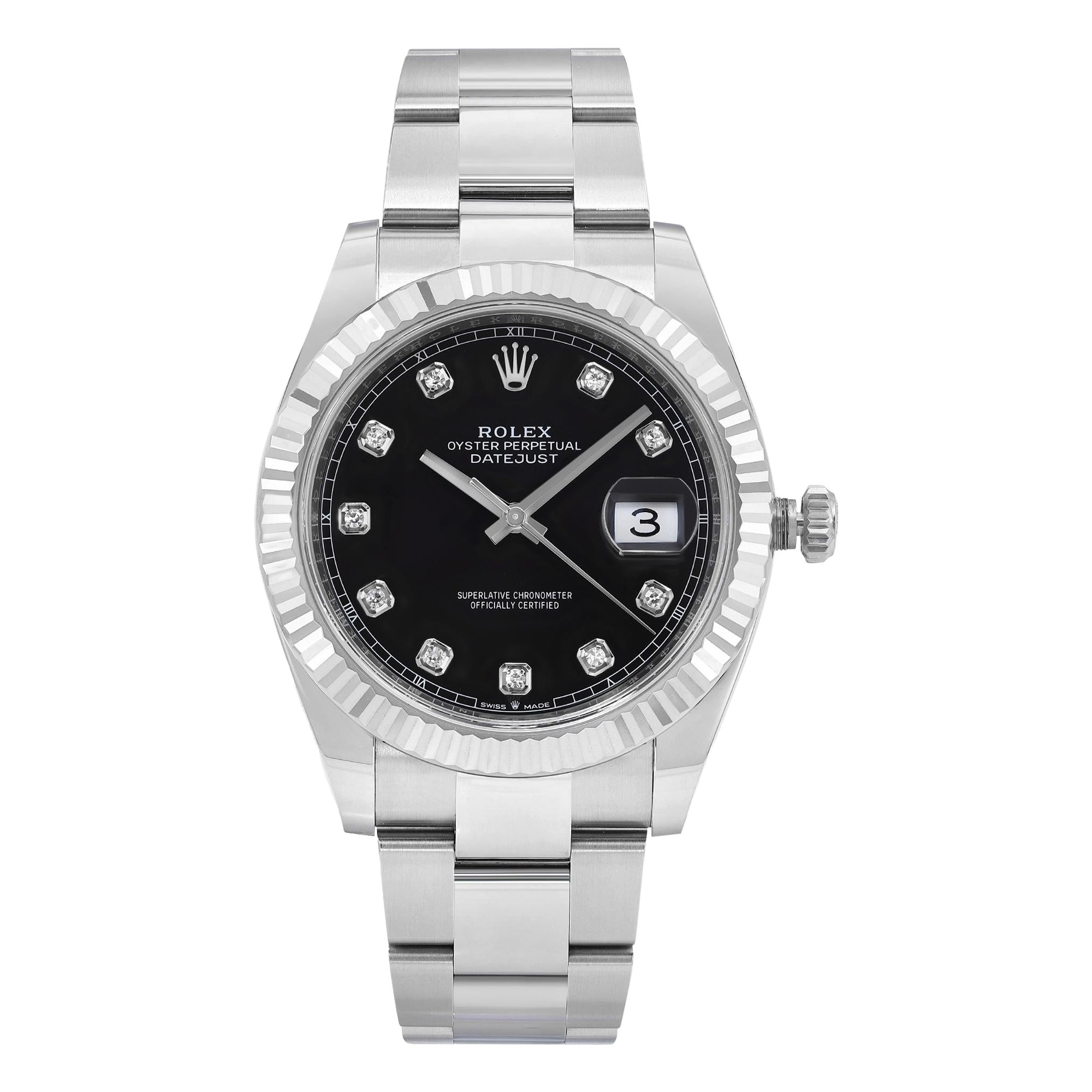 Rolex Datejust Orologio da uomo in acciaio con lunetta in oro bianco e quadrante nero con diamanti 126334