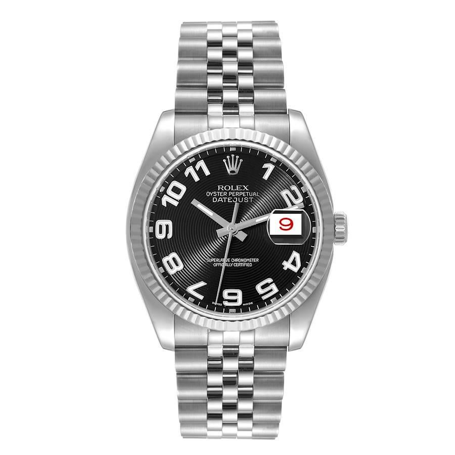 Rolex Datejust Steel White Gold Black Concentric Dial Watch 116234. Officially certified chronometer self-winding movement with quickset date. Stainless steel case 36.0 mm in diameter. High polished lugs. Rolex logo on a crown. 18K white gold fluted