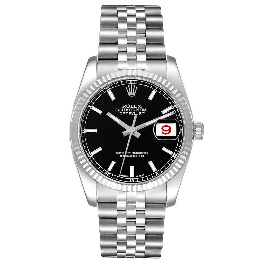 Rolex Datejust Steel White Gold Black Dial Jubilee Bracelet Mens Watch 116234. Officially certified chronometer self-winding movement. Stainless steel case 36.0 mm in diameter.  Rolex logo on a crown. 18K white gold fluted bezel. Scratch resistant