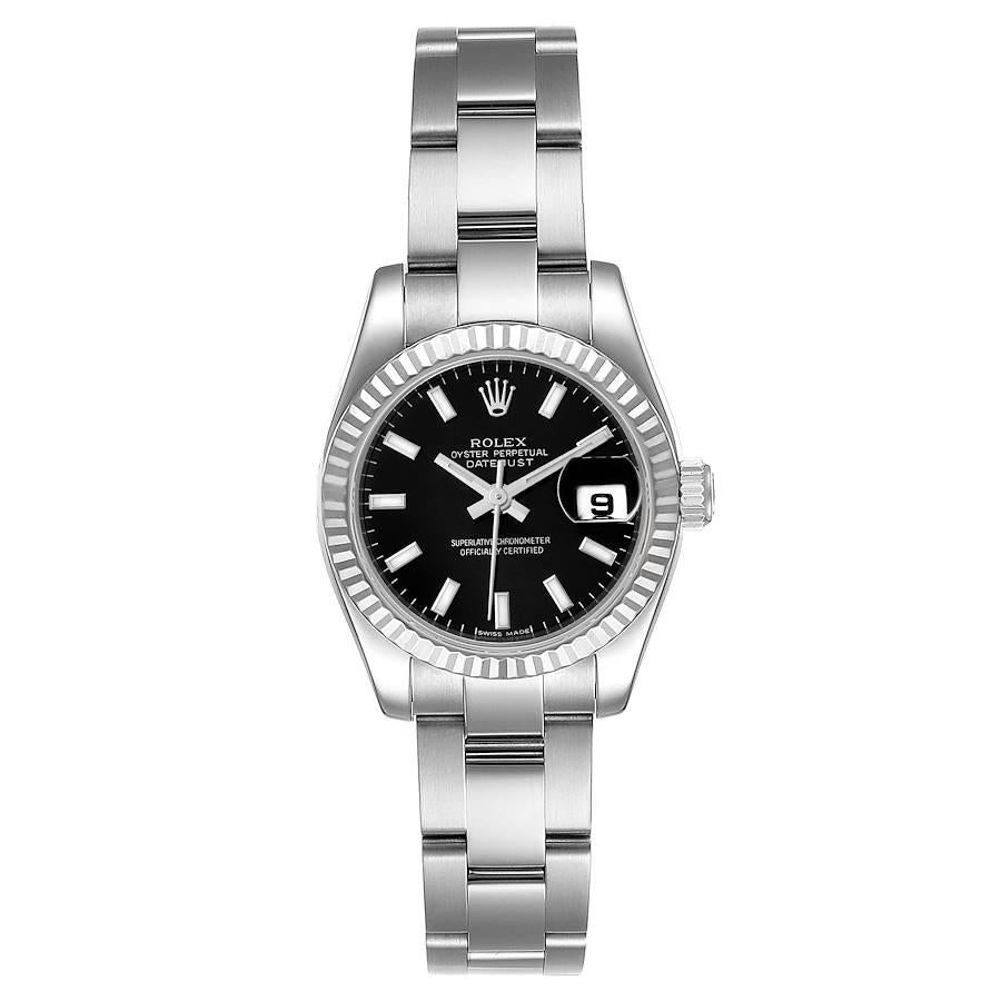 Rolex Datejust Steel White Gold Black Dial Ladies Watch 179174 Box Card. Officially certified chronometer self-winding movement. Stainless steel oyster case 26.0 mm in diameter. Rolex logo on a crown. 18K white gold fluted bezel. Scratch resistant