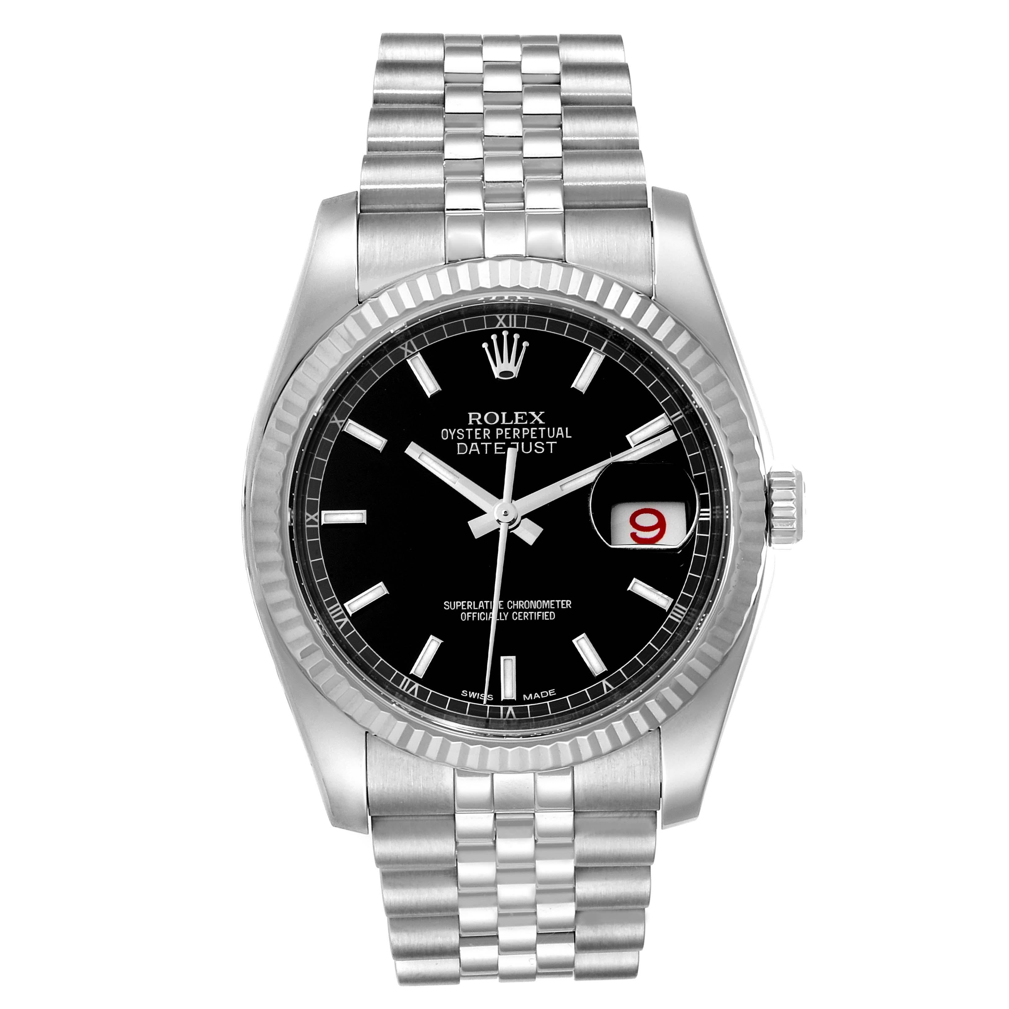 Rolex Datejust Steel White Gold Black Dial Mens Watch 116234 Box Card. Officially certified chronometer self-winding movement. Stainless steel case 36.0 mm in diameter.  Rolex logo on a crown. 18K white gold fluted bezel. Scratch resistant sapphire