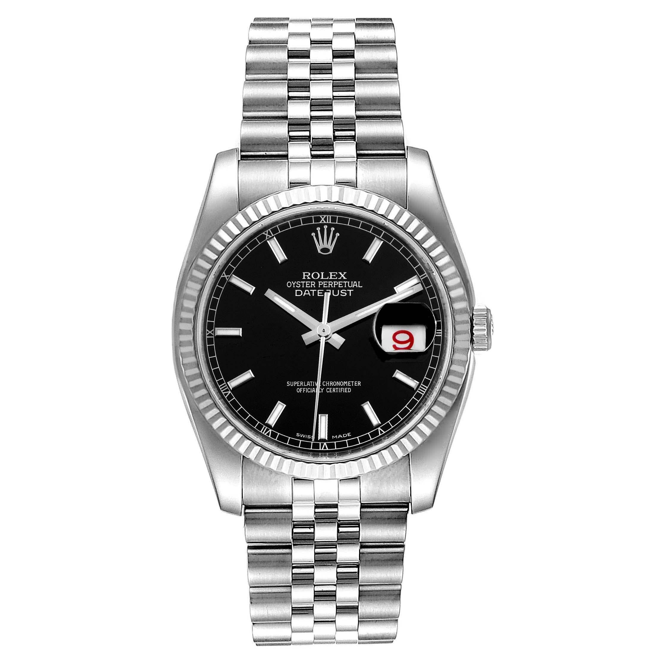 Rolex Datejust Steel White Gold Black Dial Mens Watch 116234 Box Card. Officially certified chronometer self-winding movement. Stainless steel case 36.0 mm in diameter. Rolex logo on a crown. 18K white gold fluted bezel. Scratch resistant sapphire