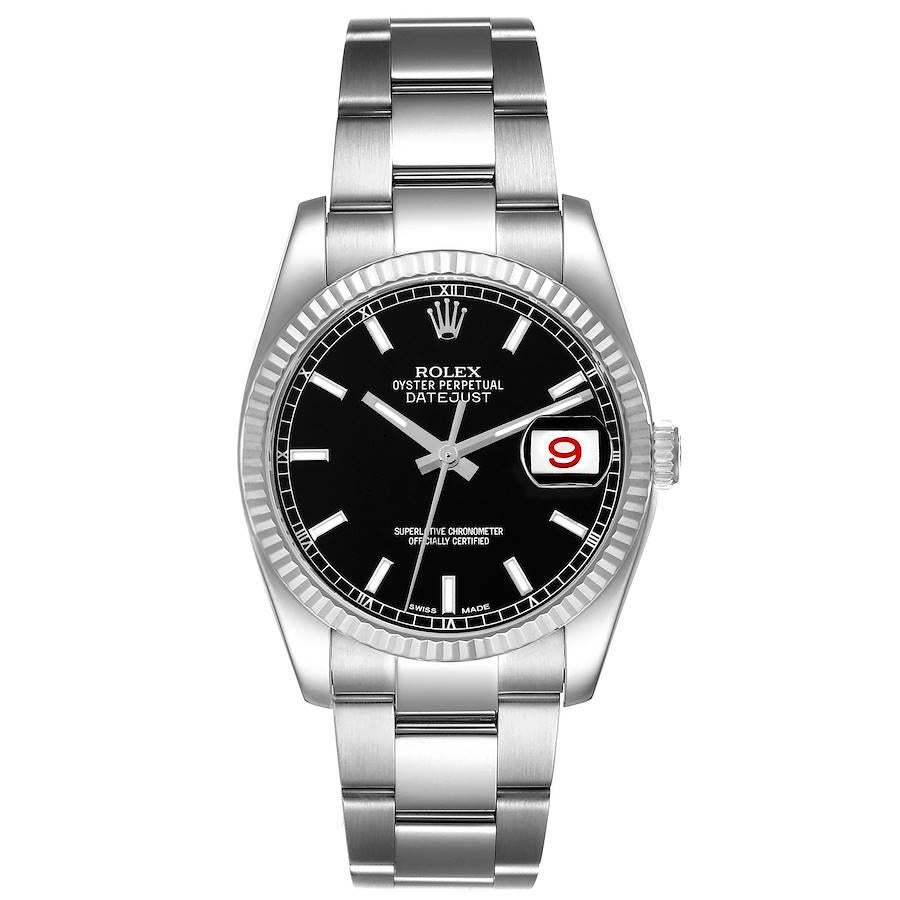 Rolex Datejust Steel White Gold Black Dial Mens Watch 116234. Officially certified chronometer self-winding movement. Stainless steel case 36.0 mm in diameter.  Rolex logo on a crown. 18K white gold fluted bezel. Scratch resistant sapphire crystal