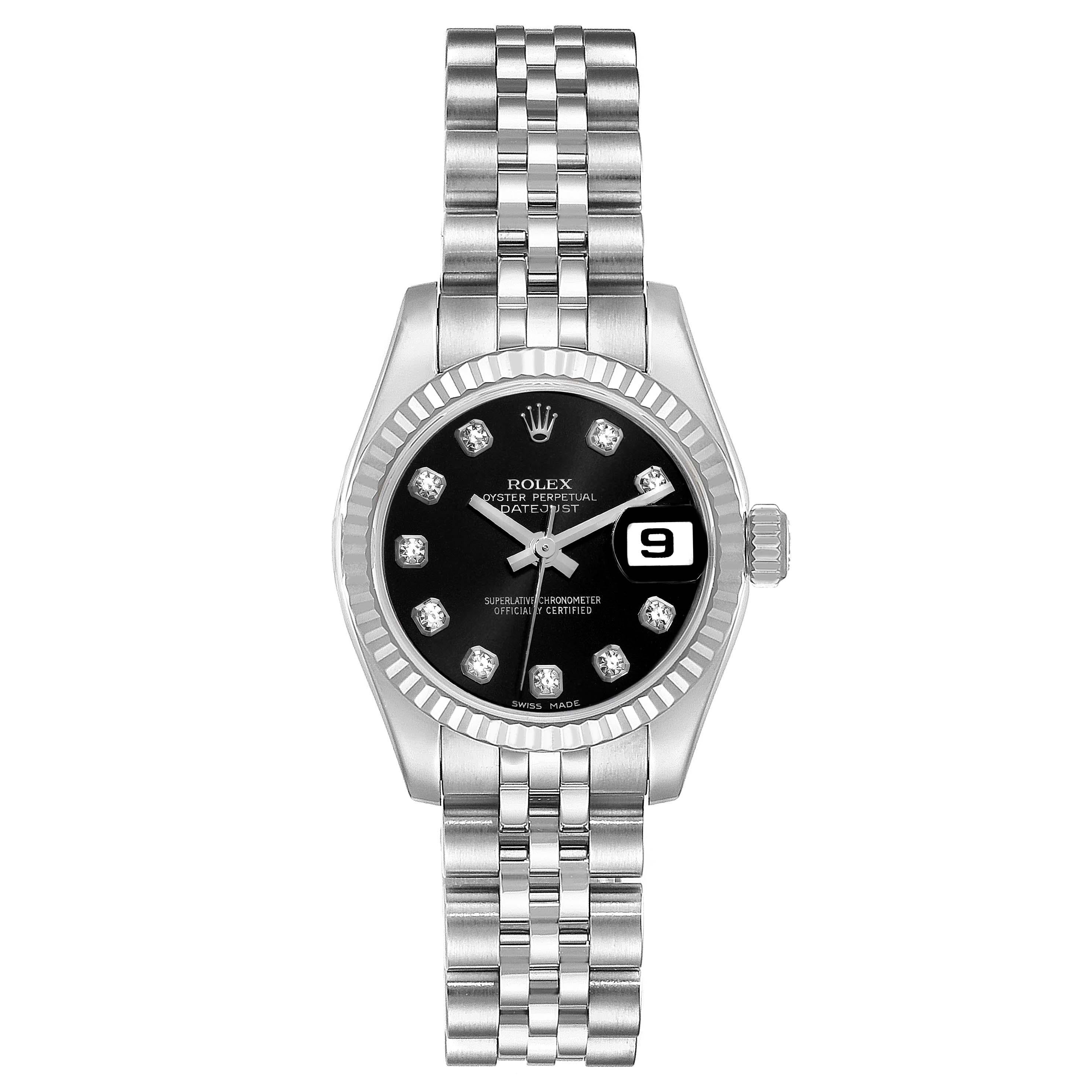 Rolex Datejust Steel White Gold Black Diamond Dial Ladies Watch 179174 Box Card Excellent état à Atlanta, GA