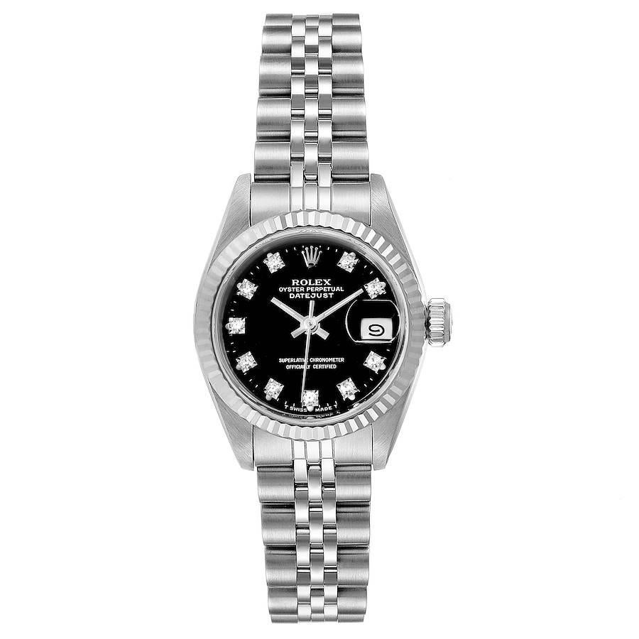Rolex Datejust Steel White Gold Black Diamond Dial Ladies Watch 69174. Officially certified chronometer self-winding movement. Stainless steel oyster case 26.0 mm in diameter. Rolex logo on a crown. 18k white gold fluted bezel. Scratch resistant