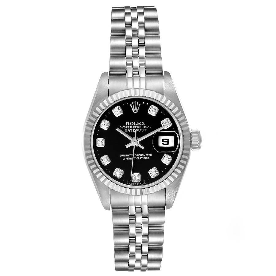 Rolex Datejust Stahl Weißgold Schwarzes Diamant-Zifferblatt Damenuhr 69174. Offiziell zertifiziertes Chronometerwerk mit automatischem Aufzug. Austerngehäuse aus Edelstahl mit einem Durchmesser von 26,0 mm. Rolex-Logo auf einer Krone. geriffelte