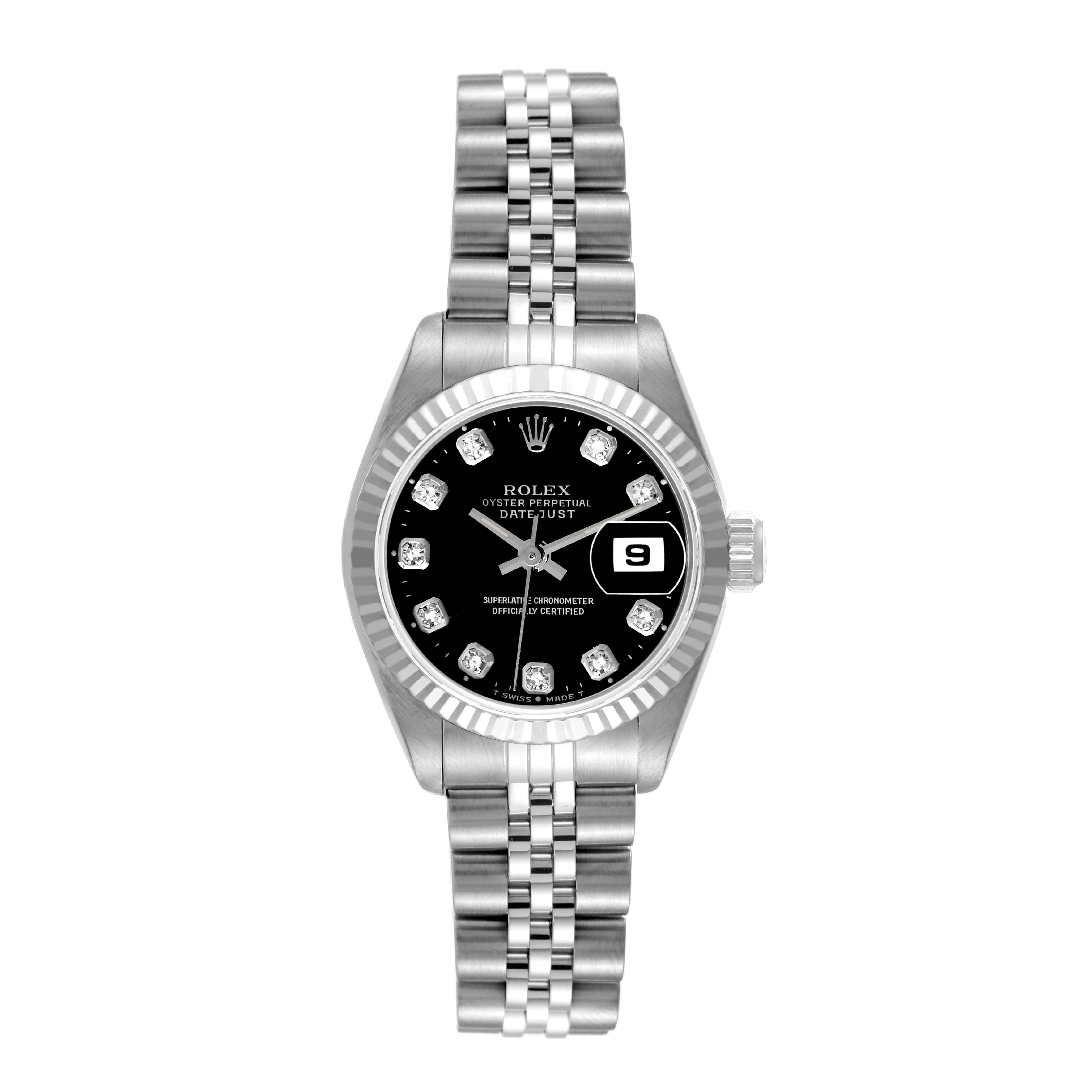 Rolex Datejust Steel White Gold Black Diamond Dial Ladies Watch 69174. Officially certified chronometer automatic self-winding movement. Stainless steel oyster case 26.0 mm in diameter. Rolex logo on a crown. 18k white gold fluted bezel. Scratch