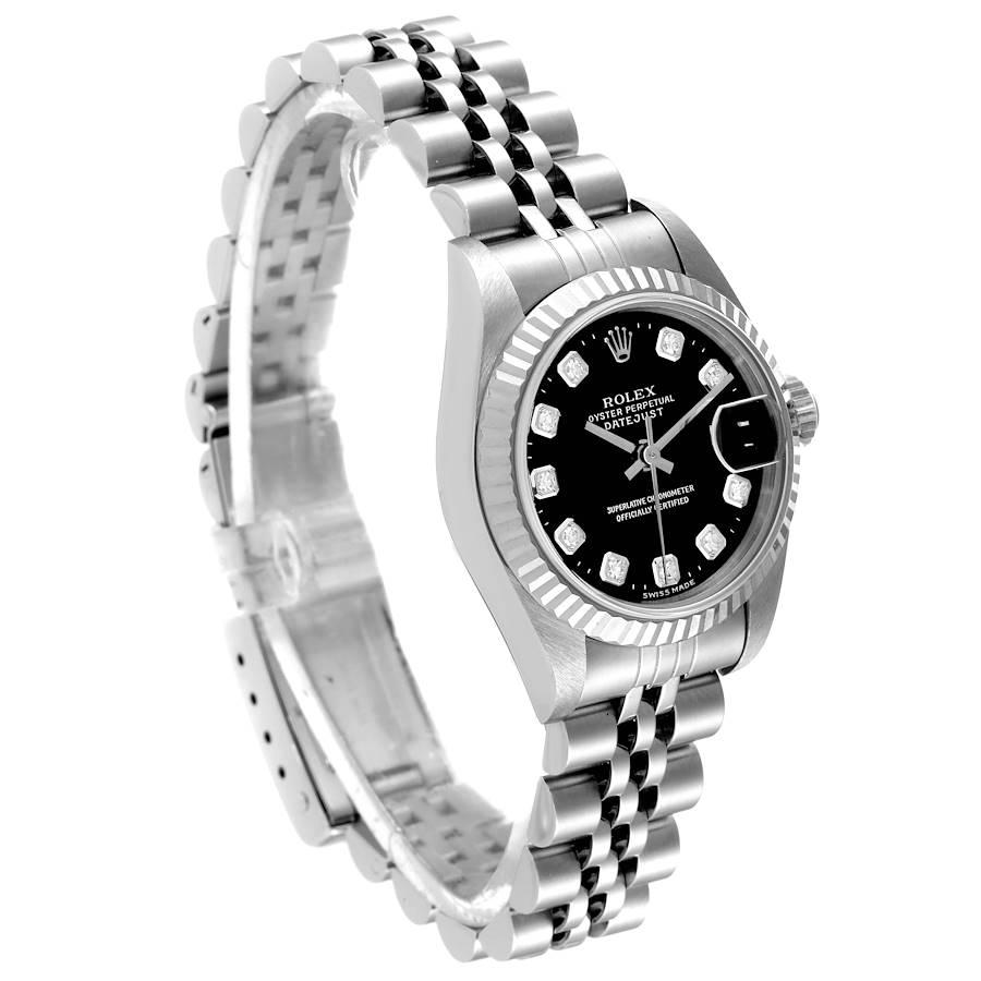 Rolex Datejust Damenuhr aus Stahl und Weißgold mit schwarzem Diamant-Zifferblatt 69174 im Zustand „Hervorragend“ im Angebot in Atlanta, GA