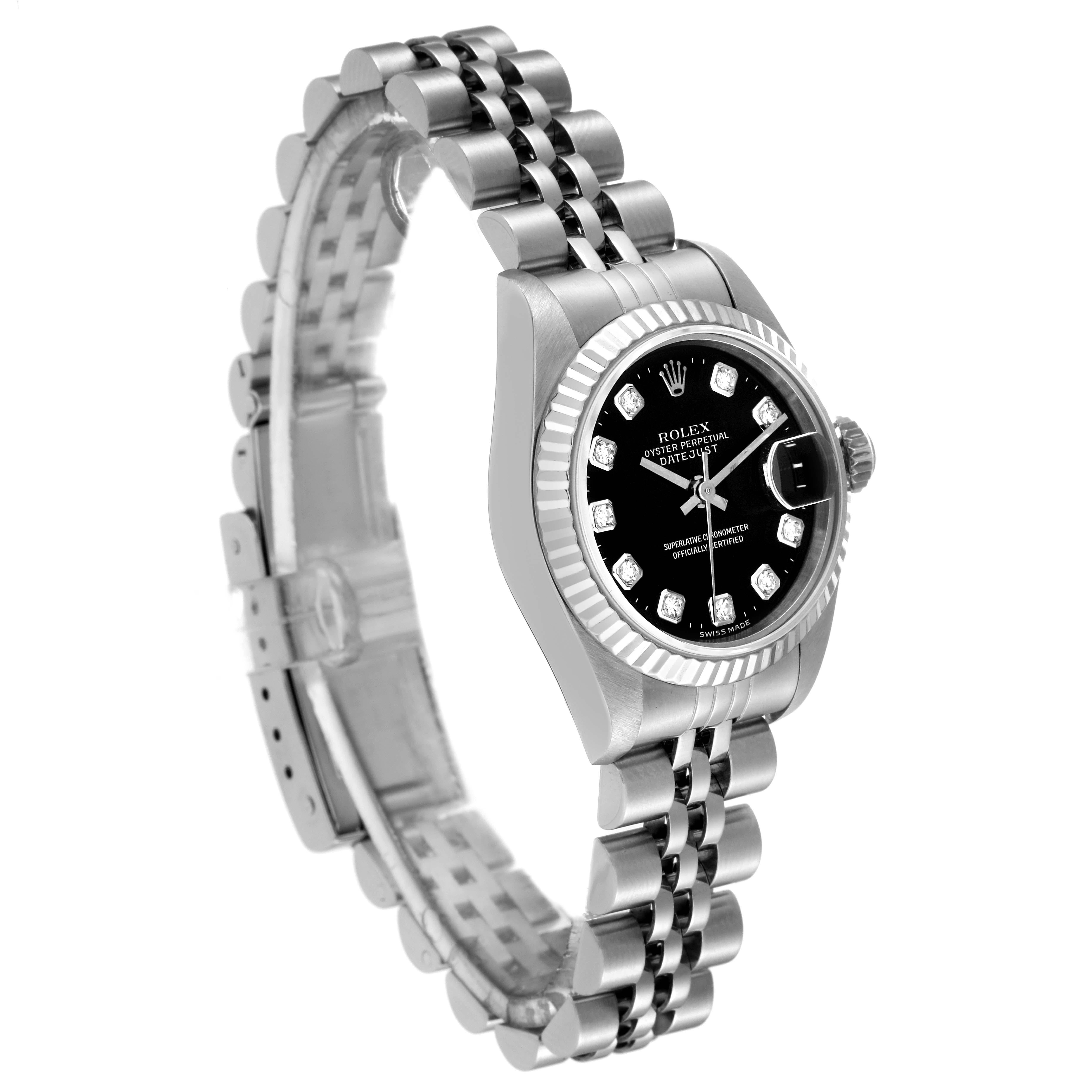 Rolex Datejust Steel White Gold Black Diamond Dial Ladies Watch 69174 In Excellent Condition In Atlanta, GA