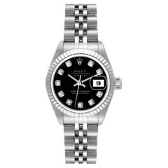 Rolex Datejust Steel White Gold Black Diamond Dial Ladies Watch 69174 Papers