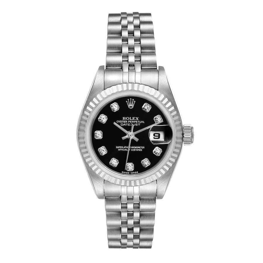 Rolex Datejust Steel White Gold Black Diamond Dial Ladies Watch 79174. Officially certified chronometer self-winding movement. Stainless steel oyster case 26.0 mm in diameter. Rolex logo on a crown. 18K white gold fluted bezel. Scratch resistant