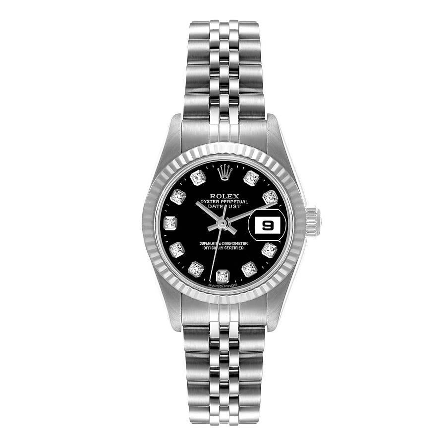 Rolex Datejust Steel White Gold Black Diamond Dial Ladies Watch 79174. Officially certified chronometer self-winding movement. Stainless steel oyster case 26.0 mm in diameter. Rolex logo on a crown. 18K white gold fluted bezel. Scratch resistant