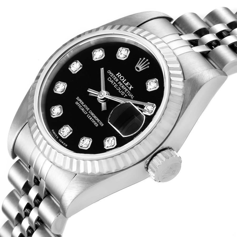 Rolex Datejust Steel White Gold Black Diamond Dial Ladies Watch 79174 In Excellent Condition For Sale In Atlanta, GA