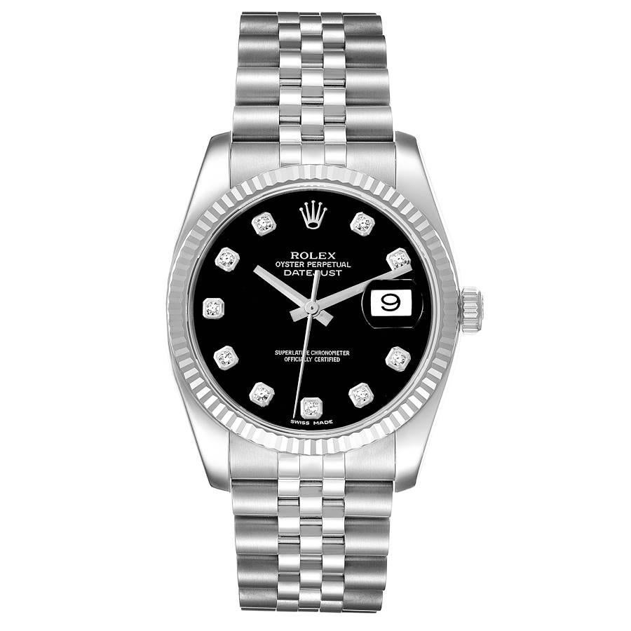 Rolex Datejust Steel White Gold Black Diamond Dial Mens Watch 116234. Officially certified chronometer self-winding movement. Stainless steel case 36.0 mm in diameter.  Rolex logo on a crown. 18K white gold fluted bezel. Scratch resistant sapphire