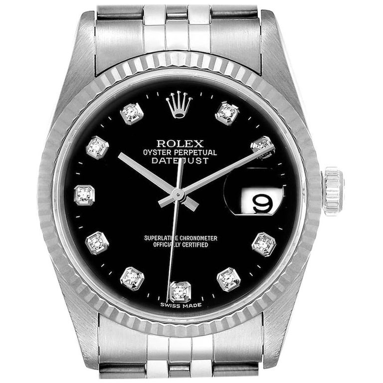 Rolex Datejust Steel White Gold Black Diamond Dial Men's Watch 16234 ...
