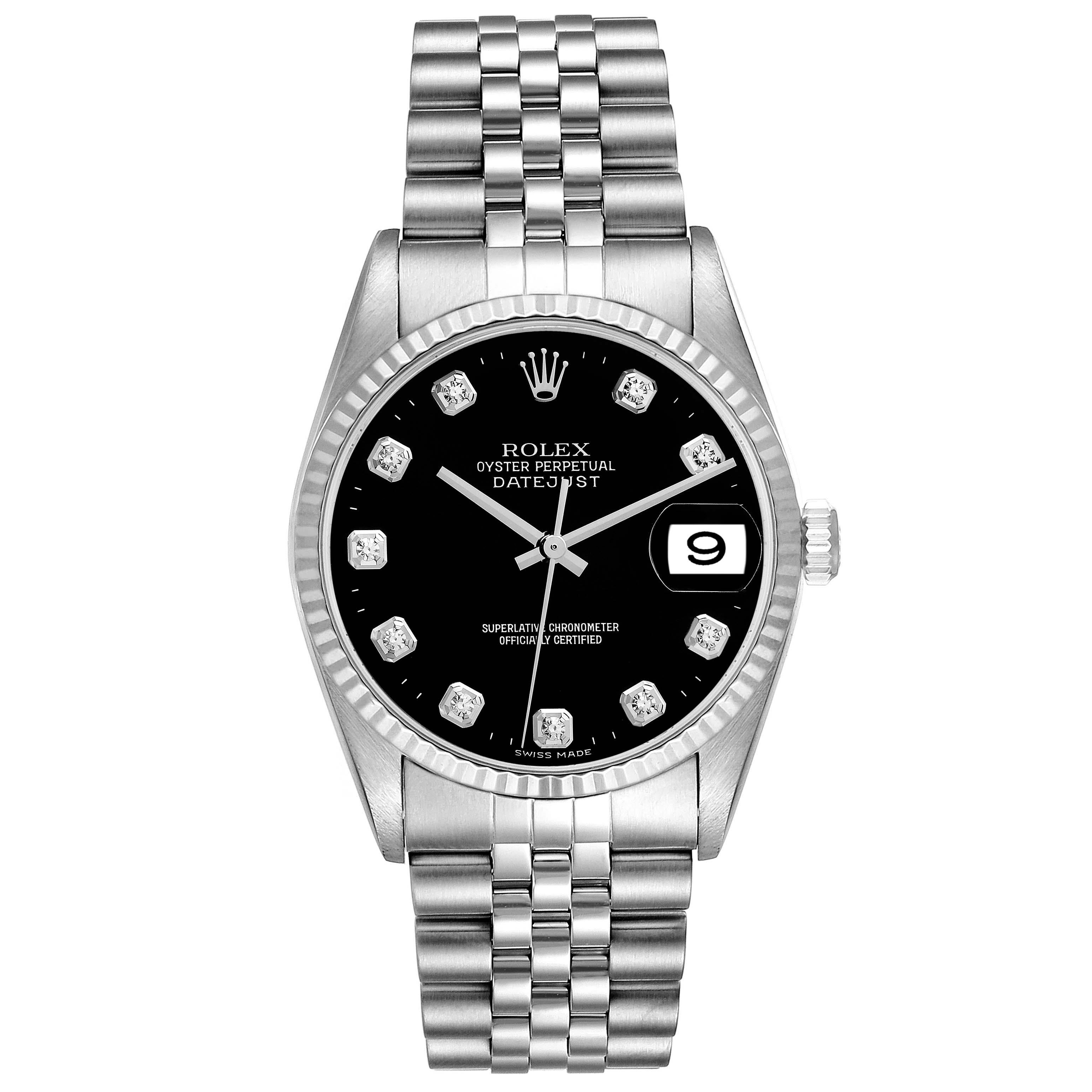 Rolex Datejust Steel White Gold Black Diamond Dial Mens Watch 16234. Officially certified chronometer automatic self-winding movement. Stainless steel case 36.0 mm in diameter. Rolex logo on the crown. 18K white gold fluted bezel. Scratch resistant