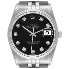 Rolex Datejust Steel White Gold Black Diamond Dial Mens Watch 16234
