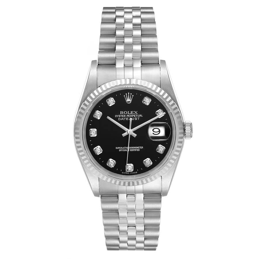 Rolex Datejust Steel White Gold Black Diamond Mens Watch 16234 Box Papers. Officially certified chronometer self-winding movement. Stainless steel oyster case 36.0 mm in diameter. Rolex logo on a crown. 18k white gold fluted bezel. Scratch resistant