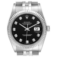 Rolex Datejust Steel White Gold Black Diamond Men's Watch 16234 Box Papers