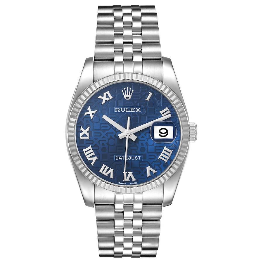 Rolex Datejust Steel White Gold Blue Anniversary Dial Mens Watch 116234. Mouvement automatique à remontage automatique, certifié officiellement chronomètre, avec date à réglage rapide. Boîtier en acier inoxydable de 36.0 mm de diamètre. Logo Rolex