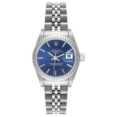 Rolex Datejust Steel White Gold Blue Baton Dial Ladies Watch 69174 Box Papers