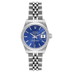Rolex Datejust Steel White Gold Blue Baton Dial Ladies Watch 69174 Papers