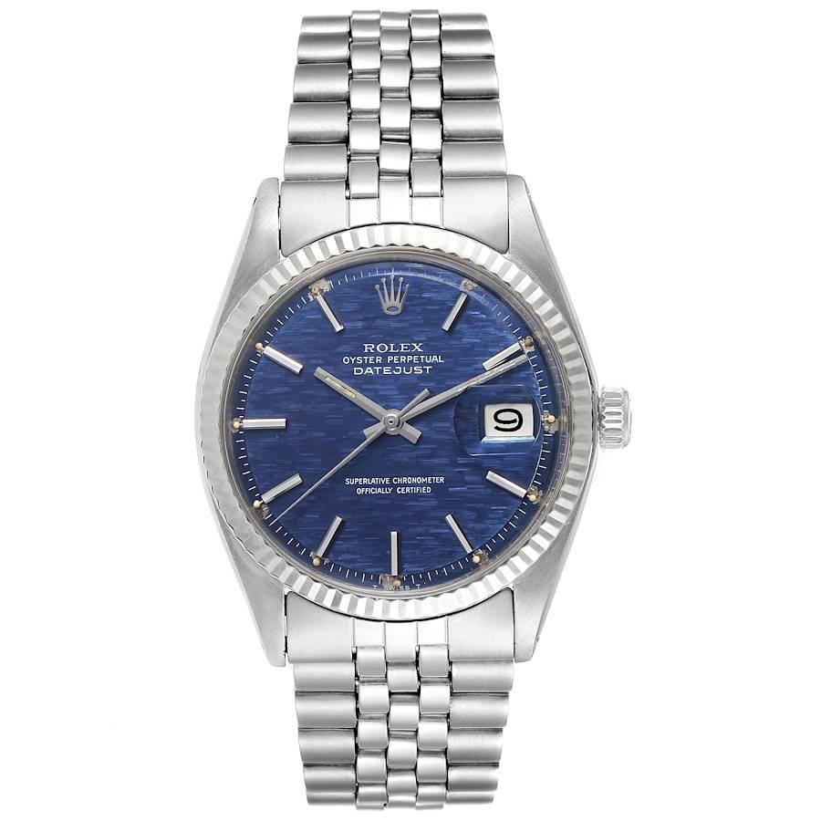Rolex Datejust Steel White Gold Blue Brick Dial Vintage Watch 1601. Officially certified chronometer self-winding movement. Stainless steel oyster case 36 mm in diameter. Rolex logo on a crown. 18k white gold fluted bezel. Acrylic crystal with