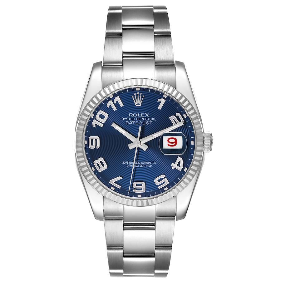 Rolex Datejust Steel White Gold Blue Concentric Dial Watch 116234. Mouvement à remontage automatique certifié chronomètre avec quickset date. Boîtier en acier inoxydable de 36.0 mm de diamètre. Cosses hautement polies. Logo Rolex sur une couronne.