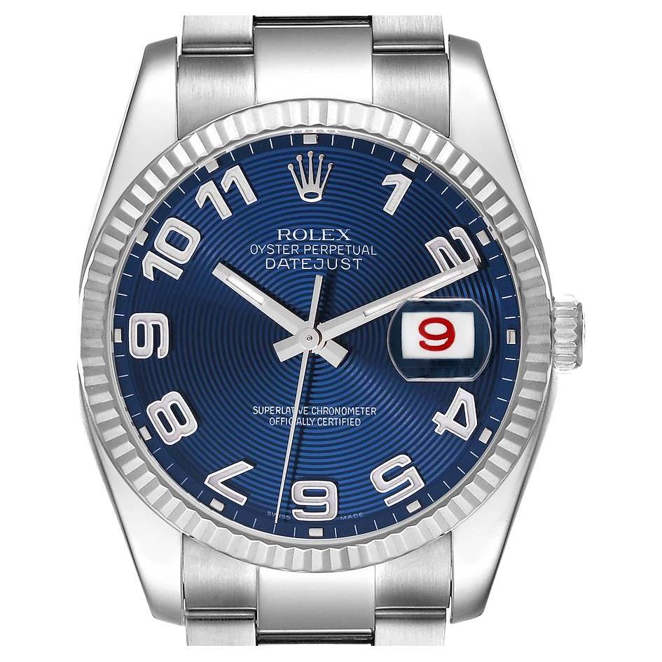 Rolex Montre Datejust à cadran concentrique en acier et or blanc avec cadran bleu 116234 en vente
