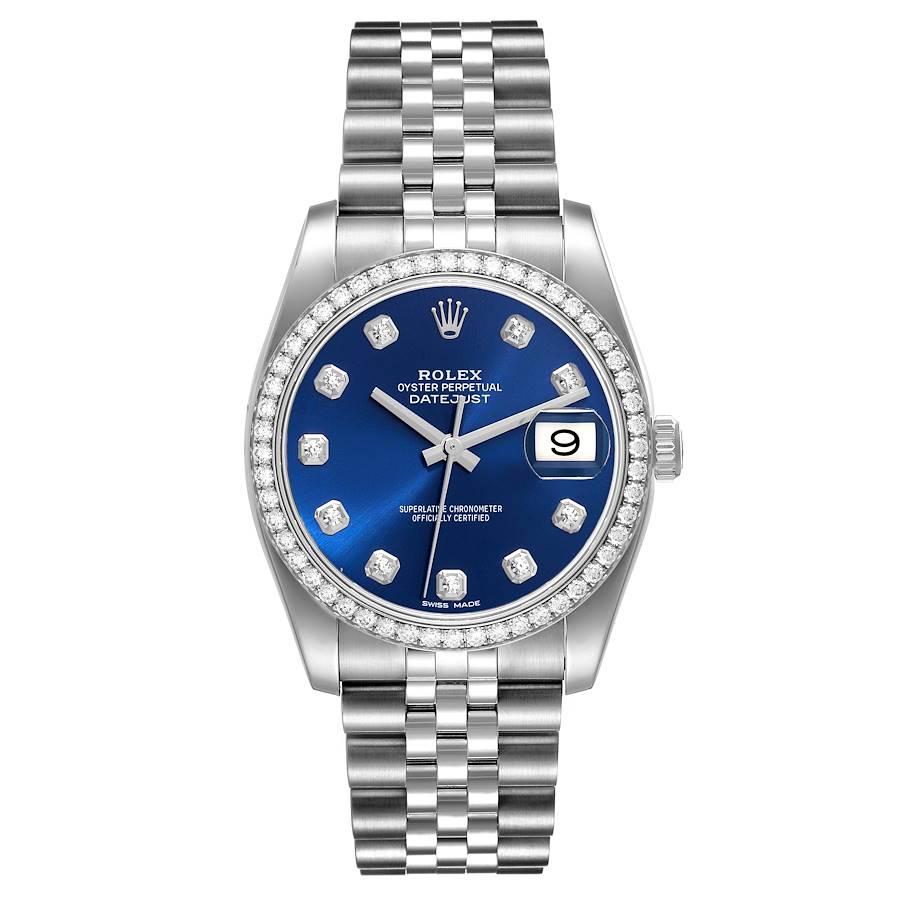 Rolex Datejust Steel White Gold Blue Dial Diamond Bezel Mens Watch 116244. Officially certified chronometer automatic self-winding movement. Stainless steel case 36 mm in diameter. Rolex logo on the crown. 18k white gold bezel set with original
