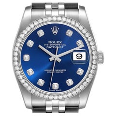 Rolex Datejust Steel White Gold Blue Dial Diamond Bezel Mens Watch 116244