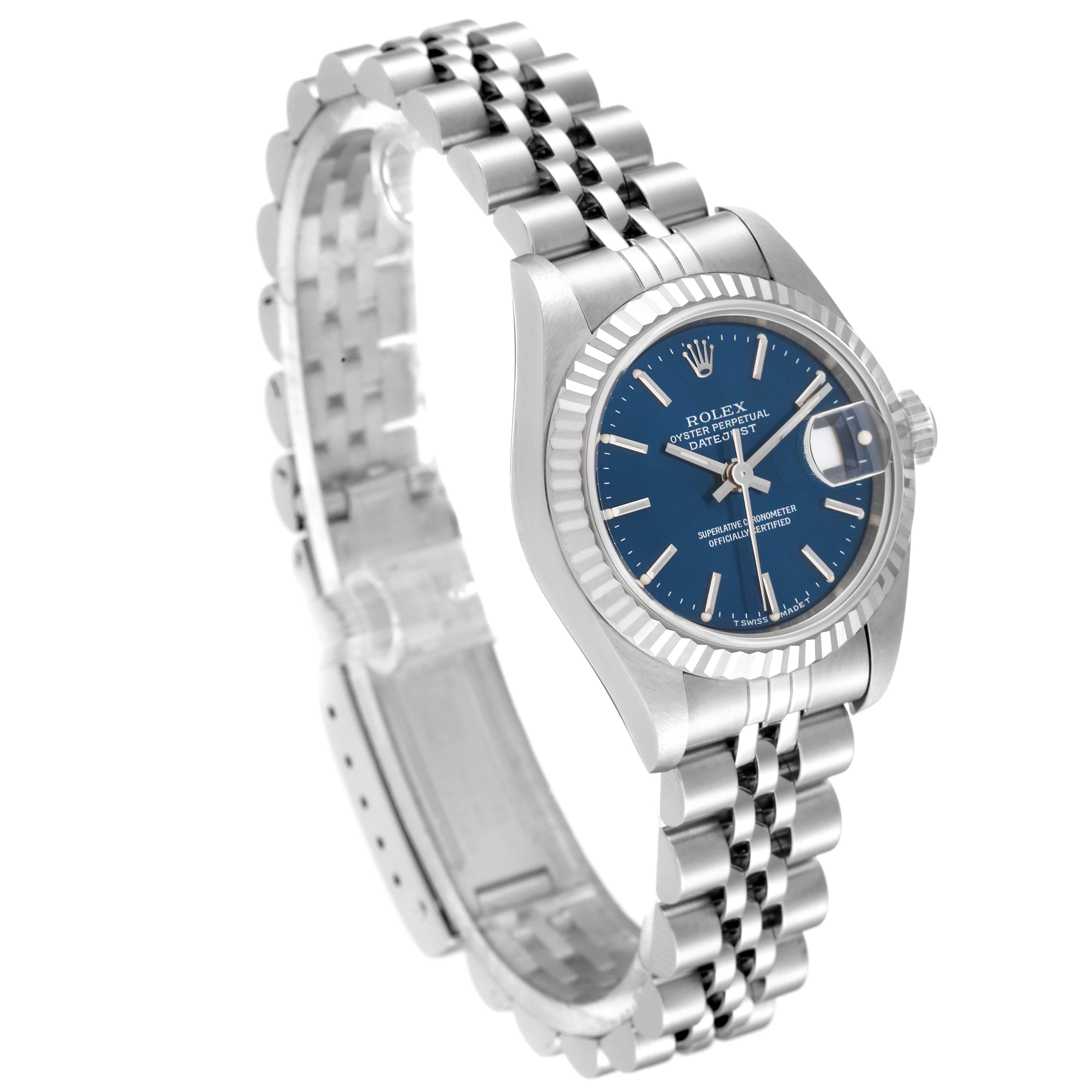 Rolex Datejust Steel White Gold Blue Dial Ladies Watch 69174 Box Papers In Excellent Condition For Sale In Atlanta, GA