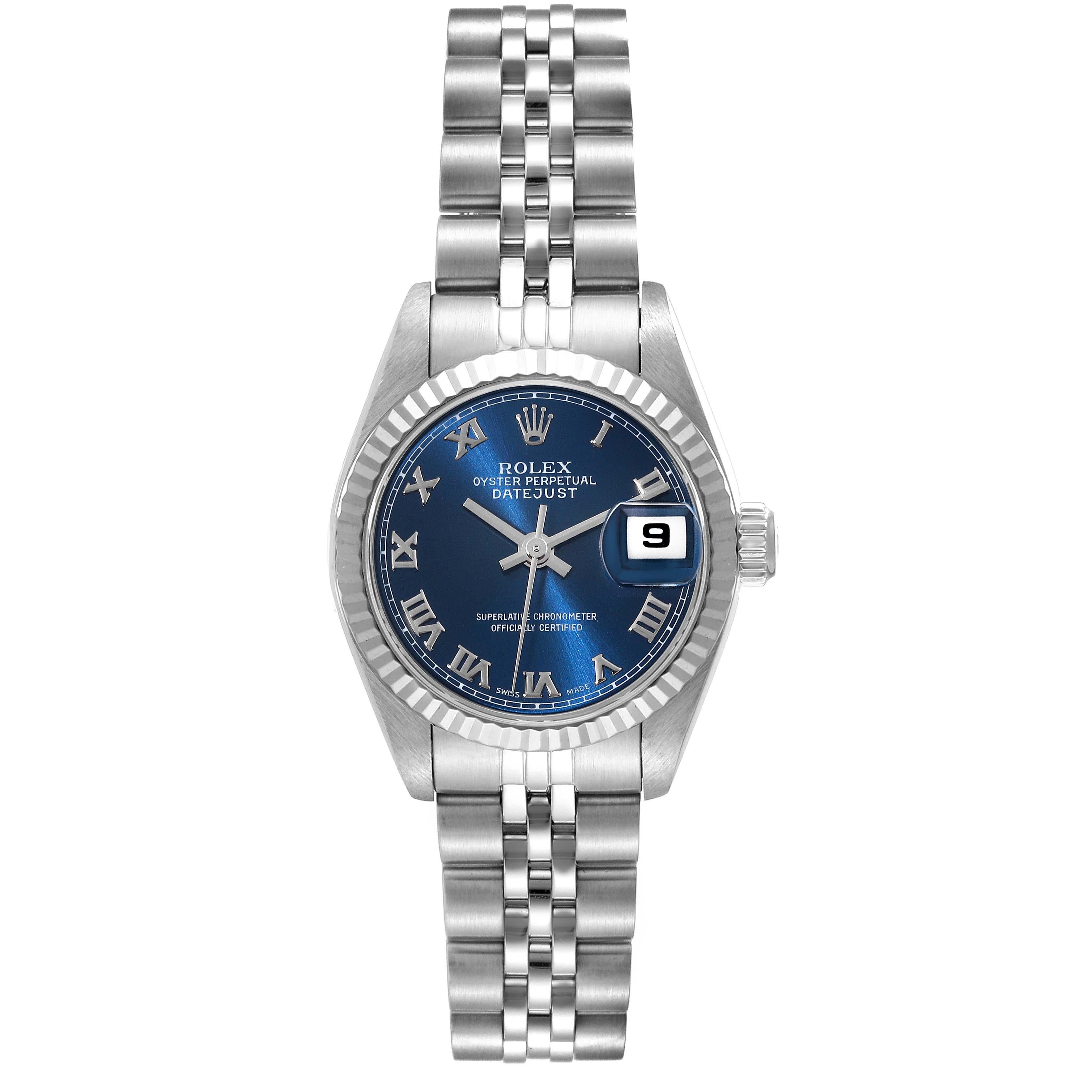 Rolex Datejust Steel White Gold Blue Dial Ladies Watch 69174 Box Papers In Excellent Condition In Atlanta, GA