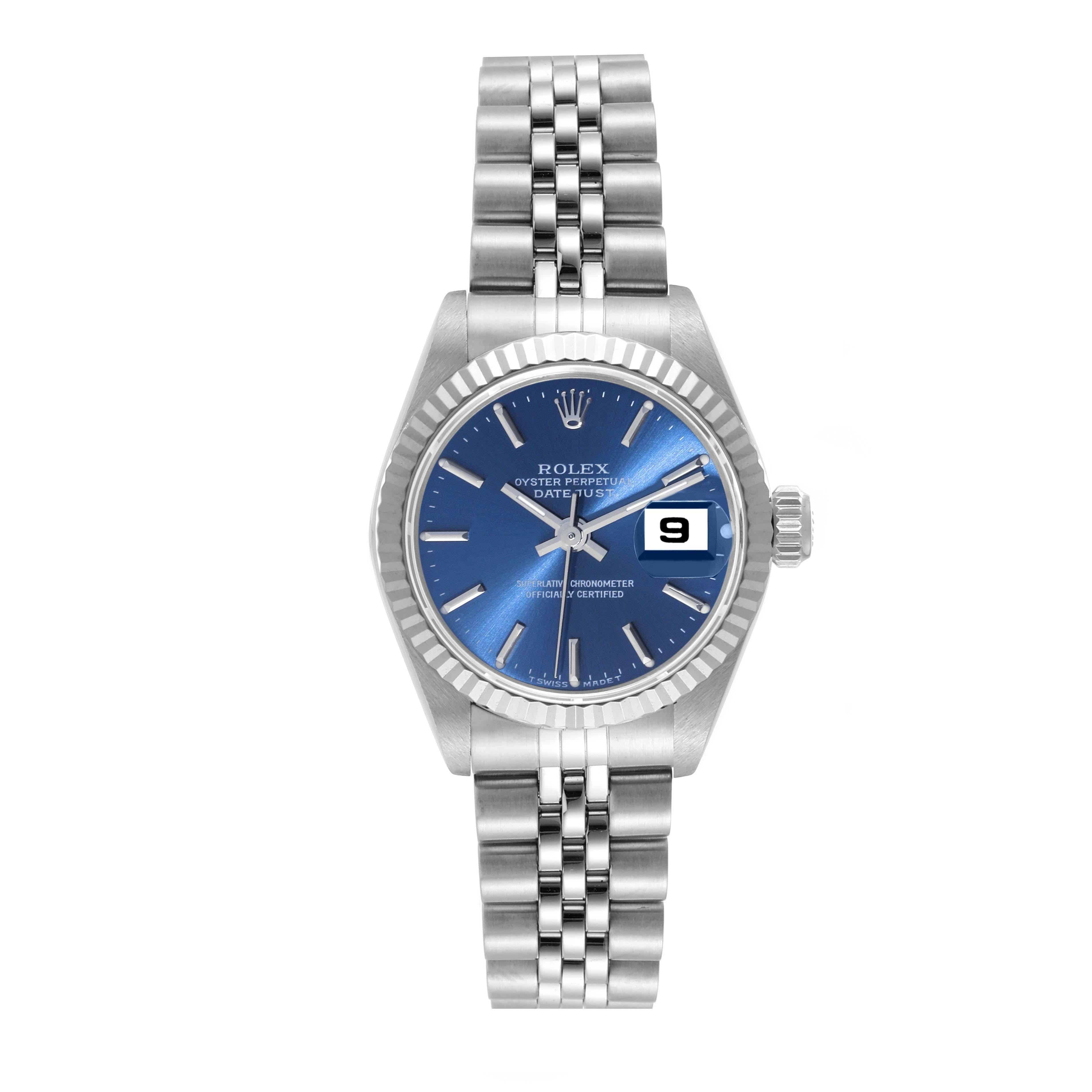 Rolex Datejust Steel White Gold Blue Dial Ladies Watch 69174. Officially certified chronometer automatic self-winding movement. Stainless steel oyster case 26 mm in diameter. Rolex logo on a crown. 18k white gold fluted bezel. Scratch resistant