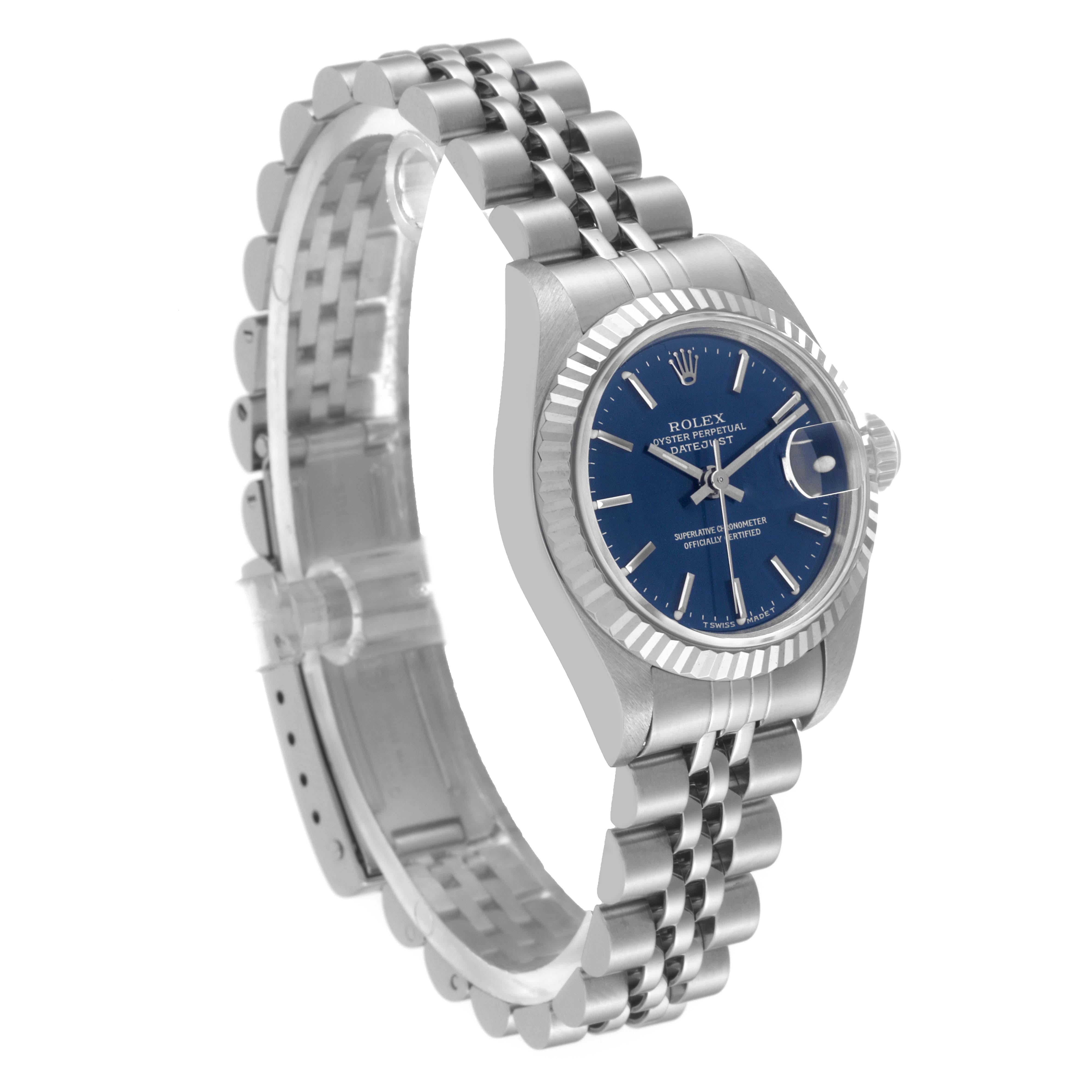 Rolex Datejust Steel White Gold Blue Dial Ladies Watch 69174 In Excellent Condition For Sale In Atlanta, GA