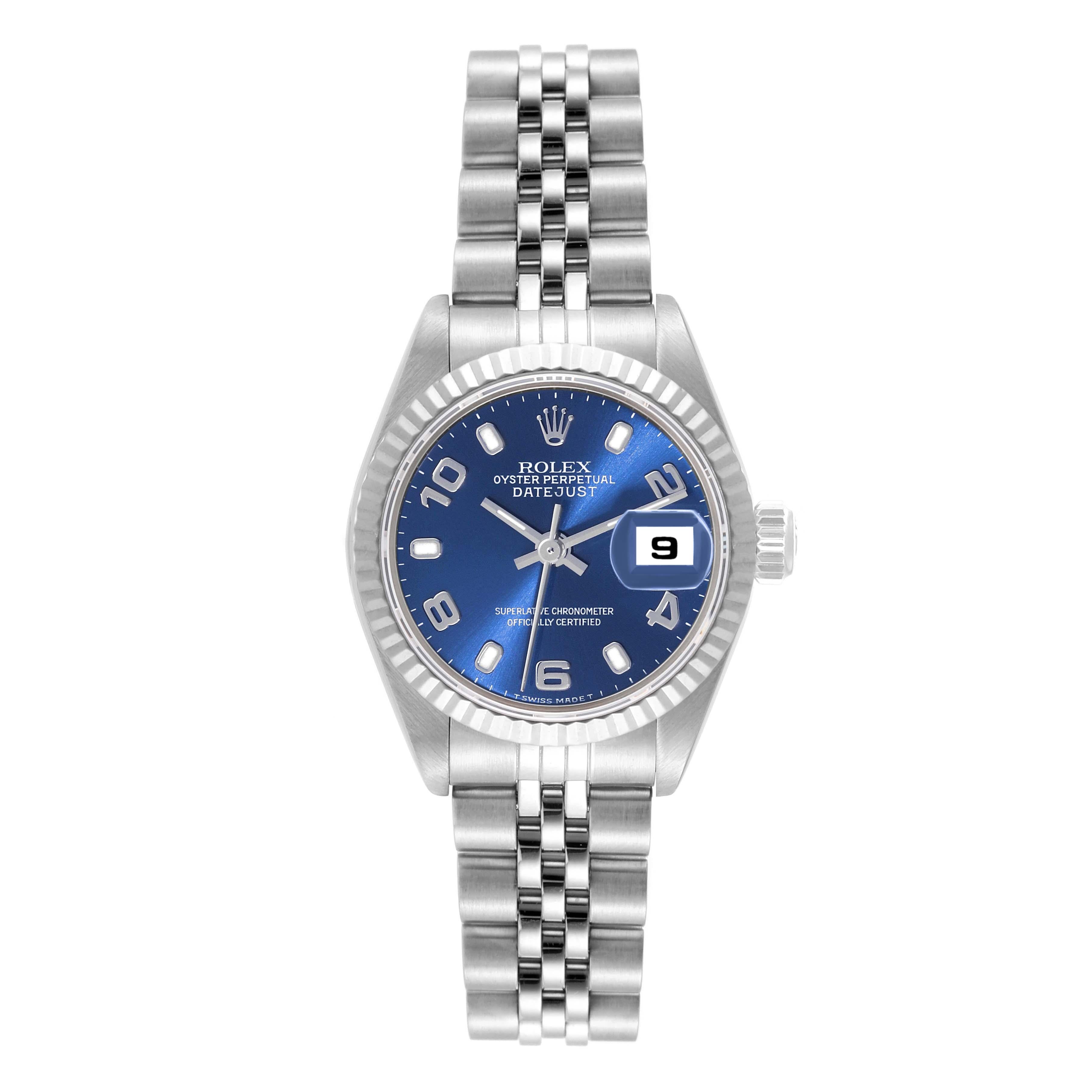 Rolex Datejust Steel White Gold Blue Dial Ladies Watch 79174. Officially certified chronometer automatic self-winding movement. Stainless steel oyster case 26.0 mm in diameter. Rolex logo on a crown. 18K white gold fluted bezel. Scratch resistant