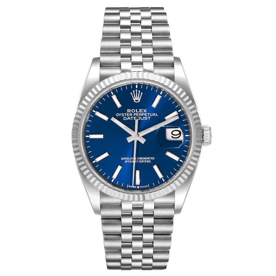 Rolex Datejust Steel White Gold Blue Dial Mens Watch 126234 Unworn. Officially certified chronometer self-winding movement. Stainless steel case 36.0 mm in diameter.  Rolex logo on a crown. 18K white gold fluted bezel. Scratch resistant sapphire