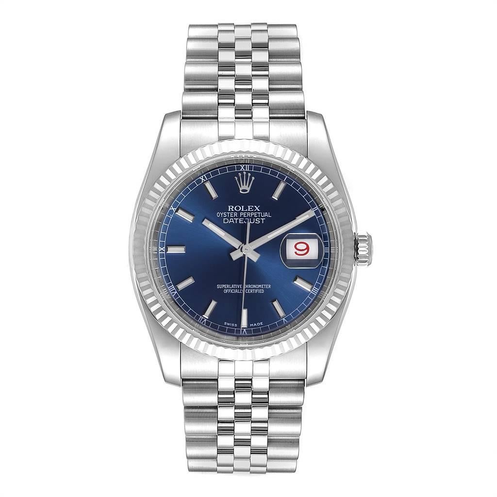 Rolex Datejust Steel White Gold Blue Dial Steel Mens Watch 116234. Officially certified chronometer self-winding movement. Stainless steel case 36.0 mm in diameter. Rolex logo on a crown. 18K white gold fluted bezel. Scratch resistant sapphire
