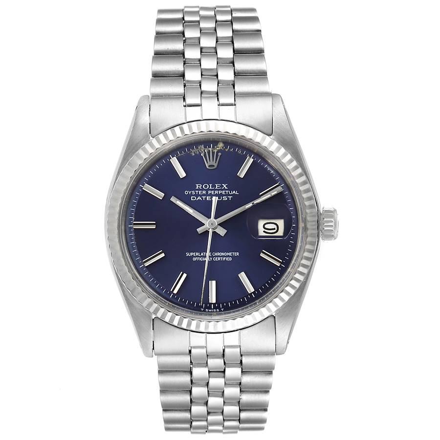 Rolex Datejust Steel White Gold Blue Dial Vintage Watch 1601. Officially certified chronometer self-winding movement. Stainless steel oyster case 36 mm in diameter. Rolex logo on a crown. 18k white gold fluted bezel. Acrylic crystal with cyclops