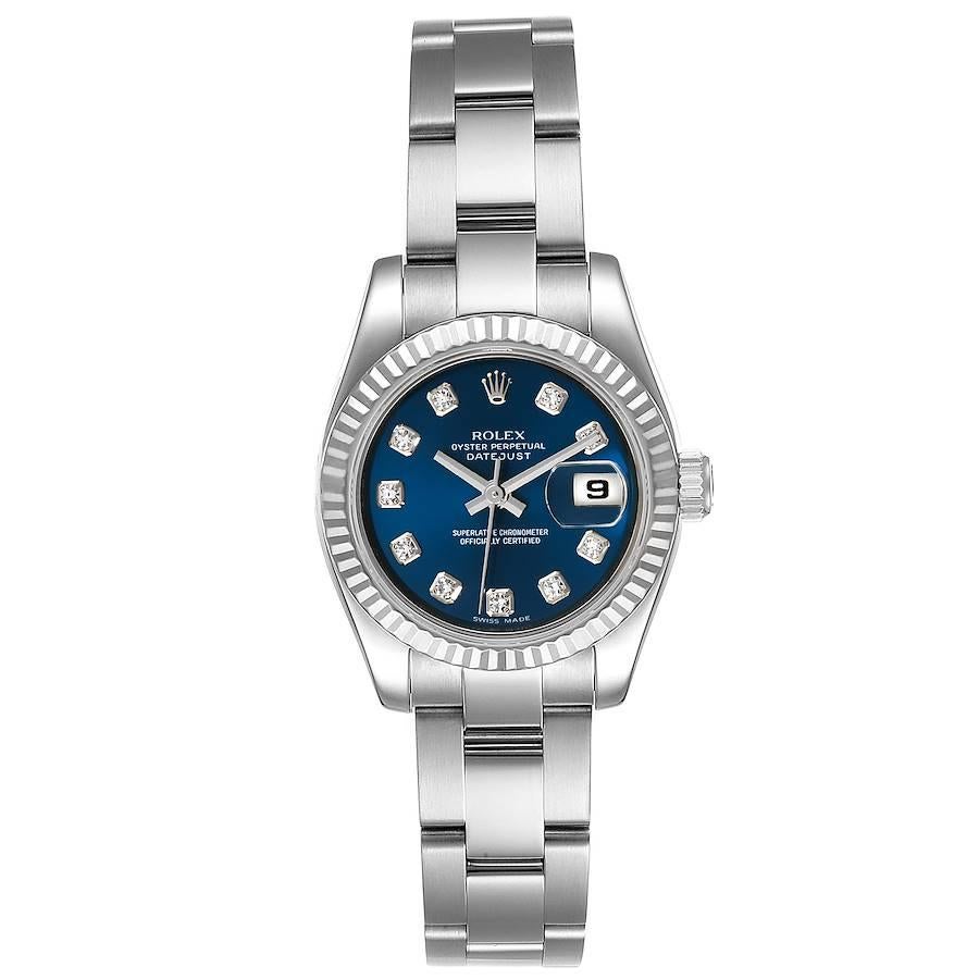 Rolex Datejust Steel White Gold Blue Diamond Dial Ladies Watch 179174. Officially certified chronometer self-winding movement. Stainless steel oyster case 26.0 mm in diameter. Rolex logo on a crown. 18K white gold fluted bezel. Scratch resistant