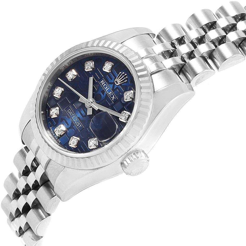 Rolex Datejust Steel White Gold Blue Diamond Dial Ladies Watch 179174 In Excellent Condition In Atlanta, GA