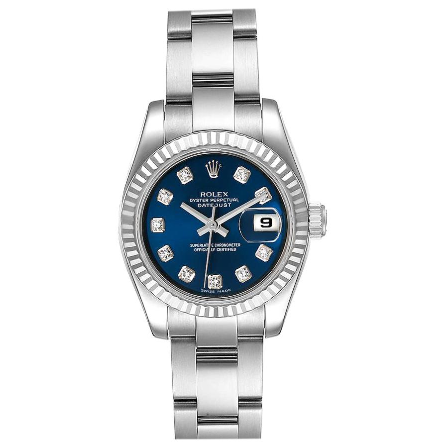 Rolex Datejust Steel White Gold Blue Diamond Dial Ladies Watch 179174 For Sale